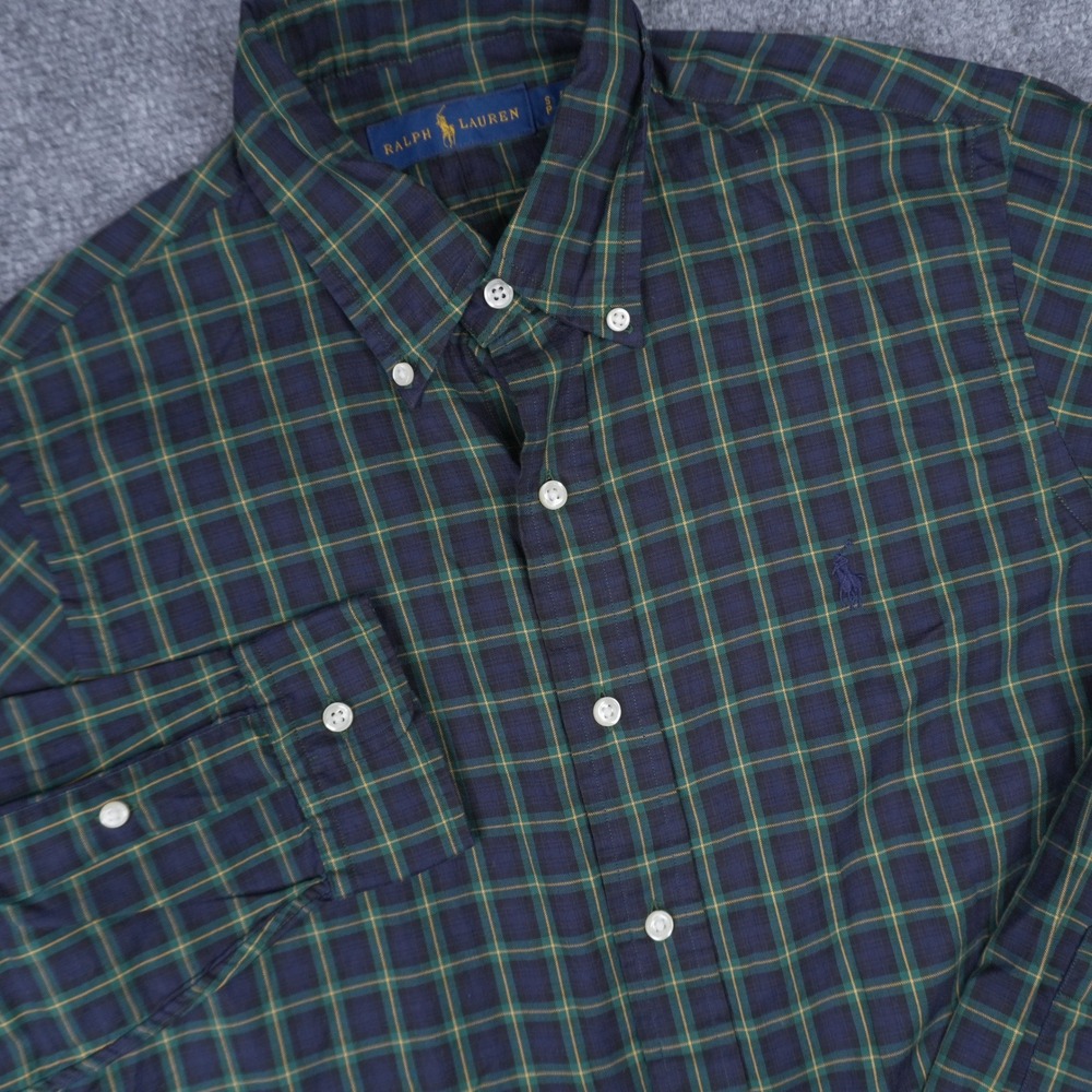 Ralph Lauren Button Down Shirt Mens Small Green Navy Plaid Long Sleeve Pony Logo